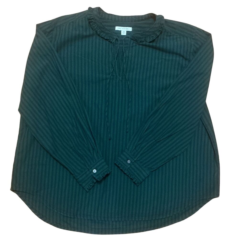 Free Assembly Top Womens XXL Cotton Green Striped V-Neck Ruffle Blouse Boho